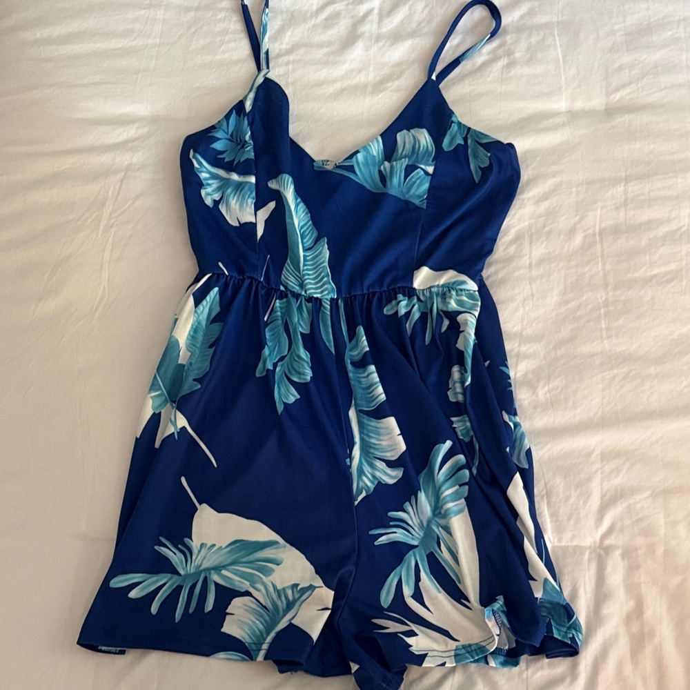 Blue Tropical Print Romper Angashion